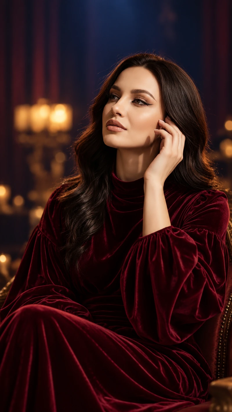 Nani Ibragim in a burgundy velvet dress