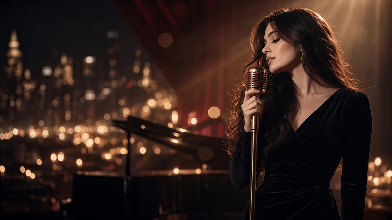Nani Ibragim in black velvet singing on stage